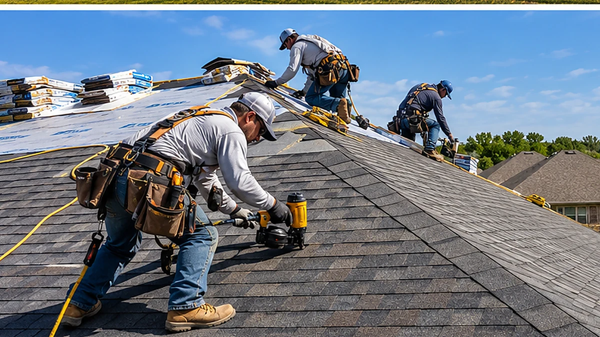 AI-generated illustration of a professional roofing crew installing asphalt shingles