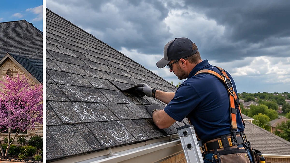 AI-generated illustration of a roofing professional inspecting residential shingles